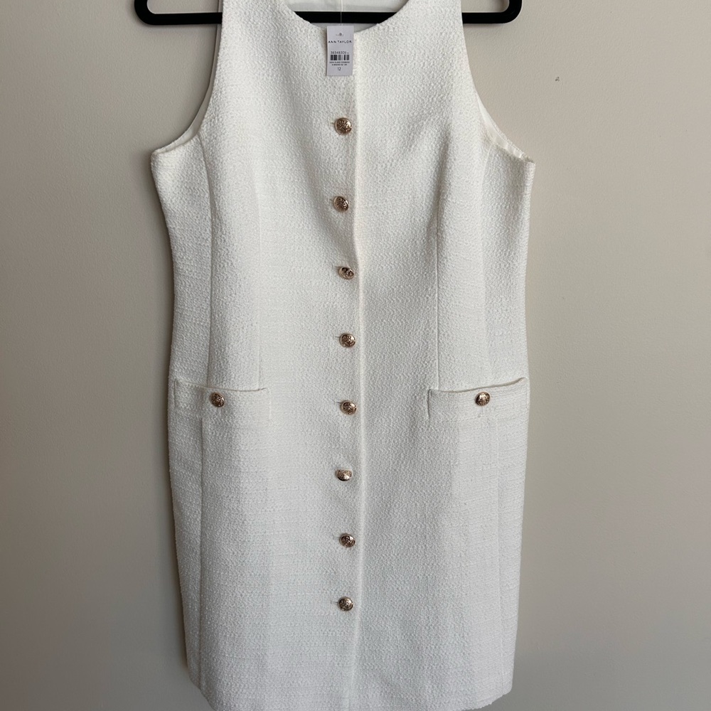 Ann Taylor Tweed Button-Front Mini Dress - white with gold buttons